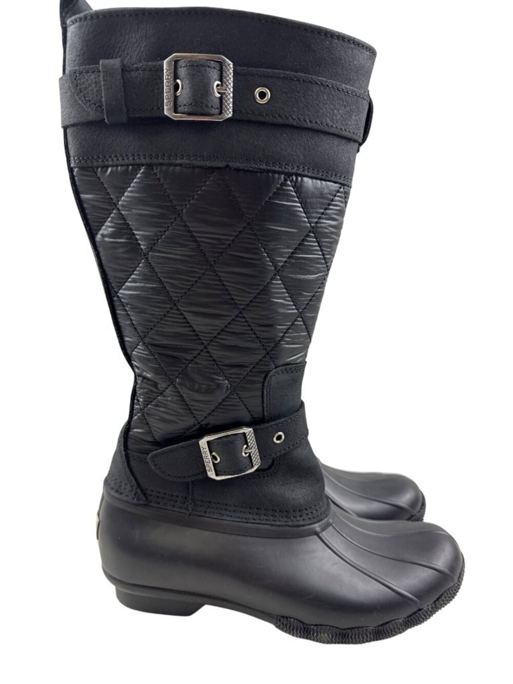 Sperry Saltwater Tall Women's 6 Black Quilted Buckle Duck Boots Waterproof NWOB